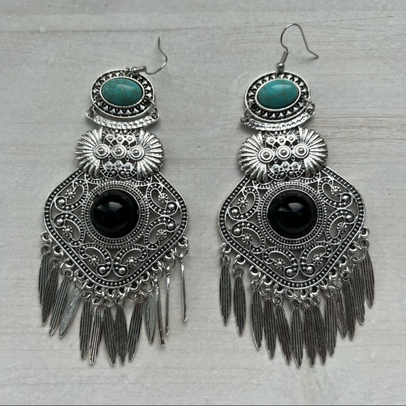 Boho Silver and Turquoise Tassel Oversized Dangle Retro Artsy Tribal Earrings - Picture 8 of 12